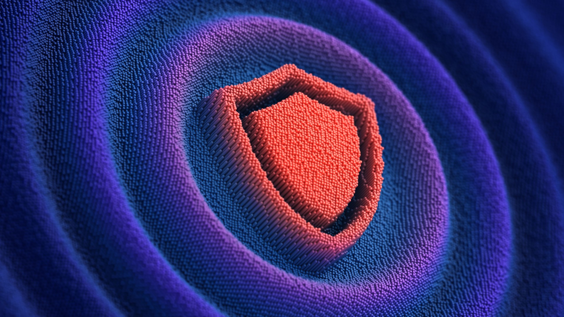 Shield sign on the blue pixelated wavy background. Big data protection and Internet security. 3d illustration